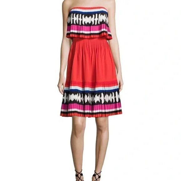 Kate Spade New York, Geo Border Printed Pleated Dress, Red Strapless, Flowy, 6 - Picture 3 of 10